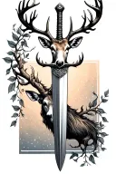 long sword wrapped masculine stag deer head handle small leaves running vines tattoo design idea