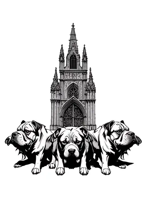 I want a gothic Cerberus three headed dog with huge gothic cathedral style gates in the background  tattoo design idea