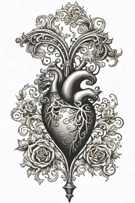 victorian scroll locked heart sleeve to neck and chest  tattoo design idea
