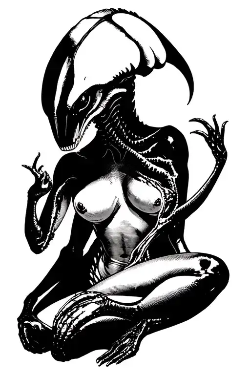 50s pin up xenomorph dynamic pose tattoo design idea