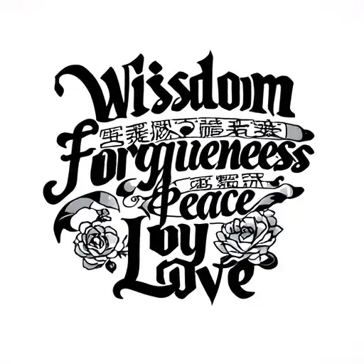 Side of neck tattoo, small Chinese bold lettering for the words “Wisdom Forgiveness Peace Joy Love”  tattoo design idea
