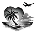 heart beach plane palm tree sun ocean scene tattoo design idea