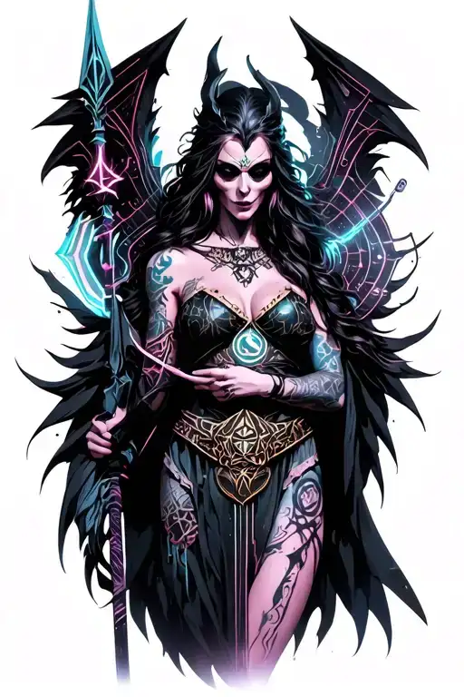 Morrigan Goddess of Death holding a spear tattoo design idea