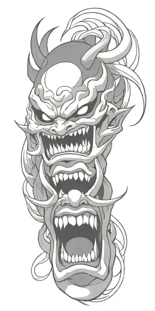 male anime character  oni mask fighting off inner demons with minimal black tattoo design idea