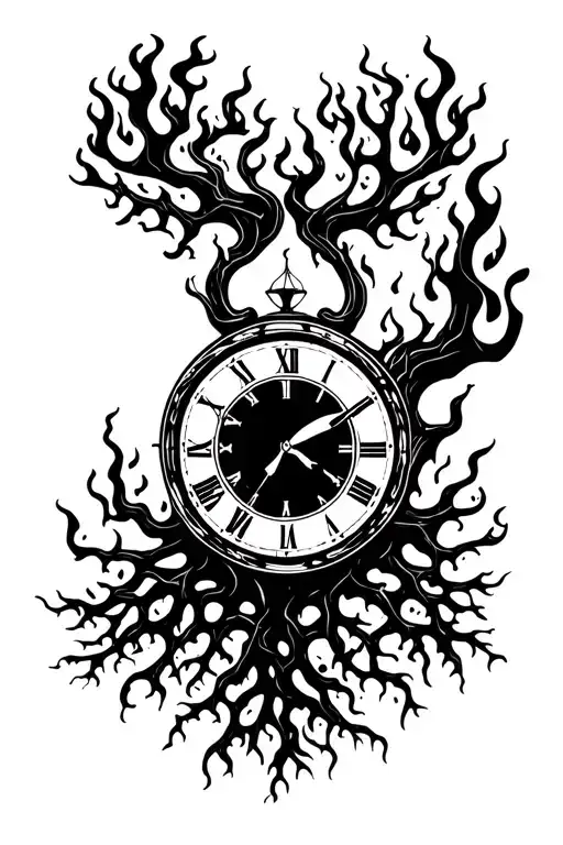 world clock surround by fire and burning tree roots tattoo design idea