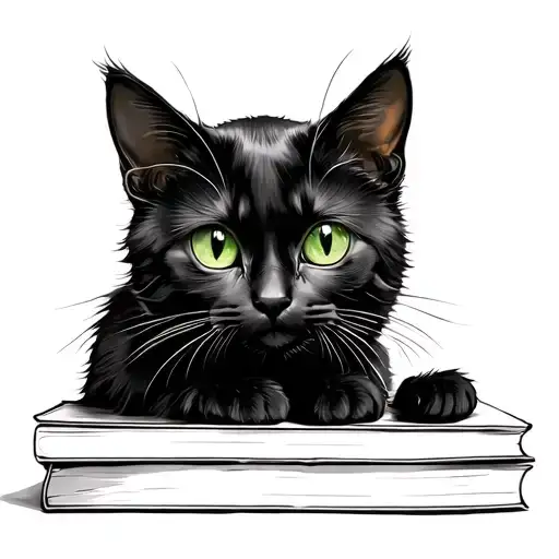 black cat green eyes sitting in 5 books tattoo design idea