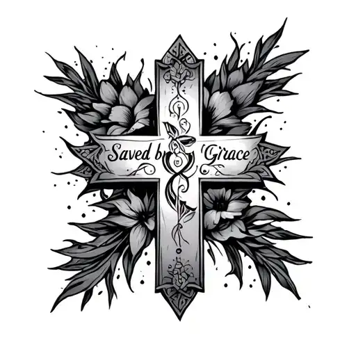 Cross with Saved by Grace and Maeve Grace tattoo design idea