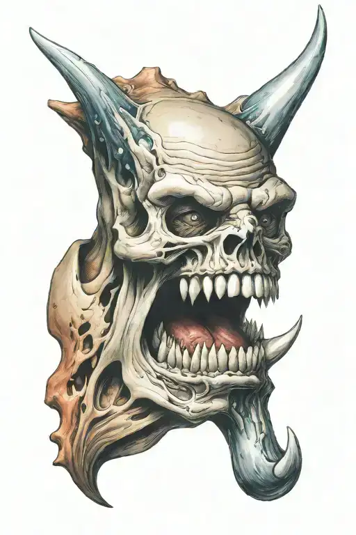 A classic colored shoulder tattoo of an angry human molar tooth. The tooth is depicted as large and massive, with natura tattoo design idea