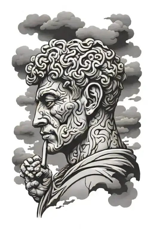 thinker sculpture with cloud over his head tattoo design idea
