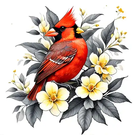 yellow jasmine and red cardinal perched tattoo design idea