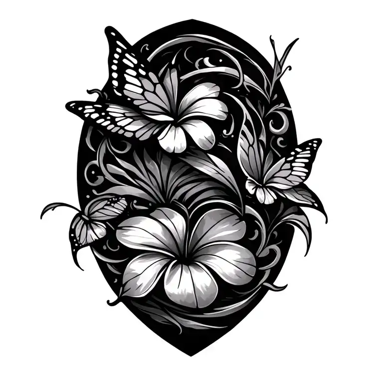 butterflies and clouds swirling plumeria with Polynesian tattoo design idea