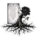 tree silhoutte that its roots blend from a upside down black rose, add a small anime panel with a bible verse that repre tattoo design idea