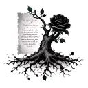 tree silhoutte that its roots blend from a upside down black rose, add a small anime panel with a bible verse that repre tattoo design idea