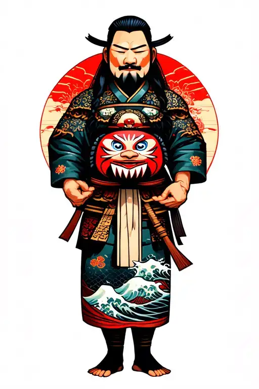 samurai warrior holding, carpa , daruma doll and wave tattoo design idea