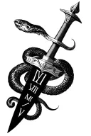 sword of excalibur with roman numeral V.VII.MMI with a snake wrapped around  tattoo design idea