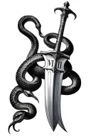 sword of excalibur with roman numeral V.VII.MMI with a snake wrapped around  tattoo design idea