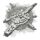 A combination tattoo of the Millennium Falcon flying through a digital maze while being chased by cyber security measure tattoo design idea