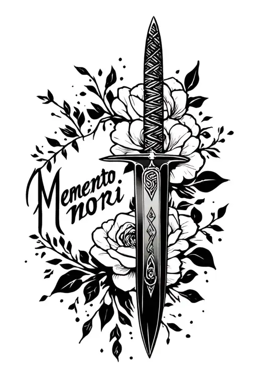 stiletto knife and "memento mori" written tattoo design idea