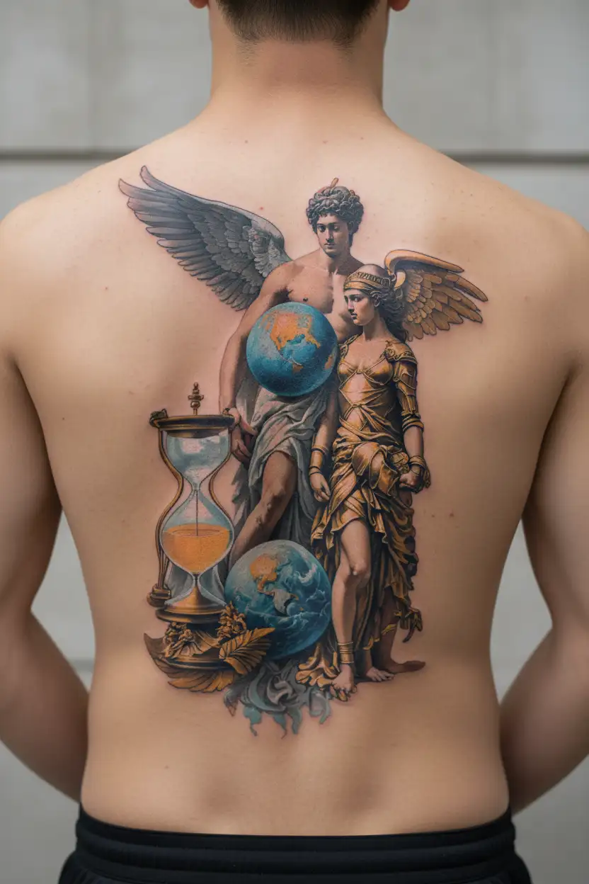 Greek mythology leg sleeve: Atlas with sphere, Themis with scales, Athena in armor, Chronos with hourglass, Hermes with  tattoo design idea