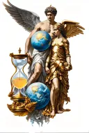 Greek mythology leg sleeve: Atlas with sphere, Themis with scales, Athena in armor, Chronos with hourglass, Hermes with  tattoo design idea