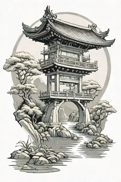 japanese kaizen ji temple gate with river with moon reflecting tattoo design idea