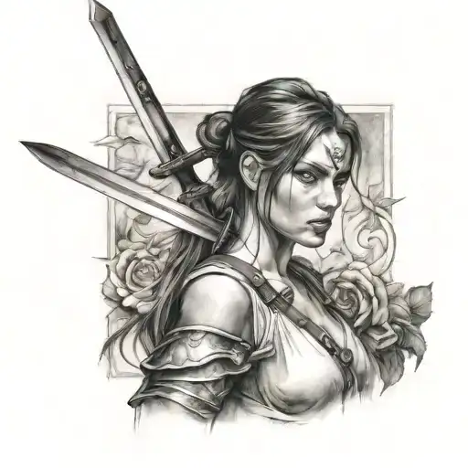 girl with sword roman style tattoo design idea