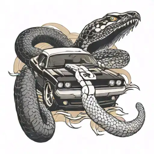 black snake with white dodge challenger on the sea tattoo design idea