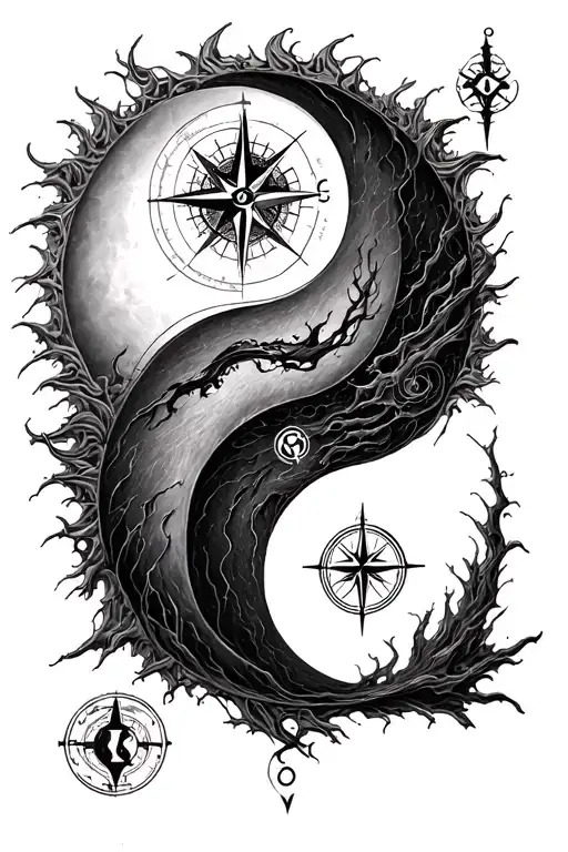 chaos and the duality between light and drakness, yin and yang. incorporate a compass to show the path in life is open. tattoo design idea