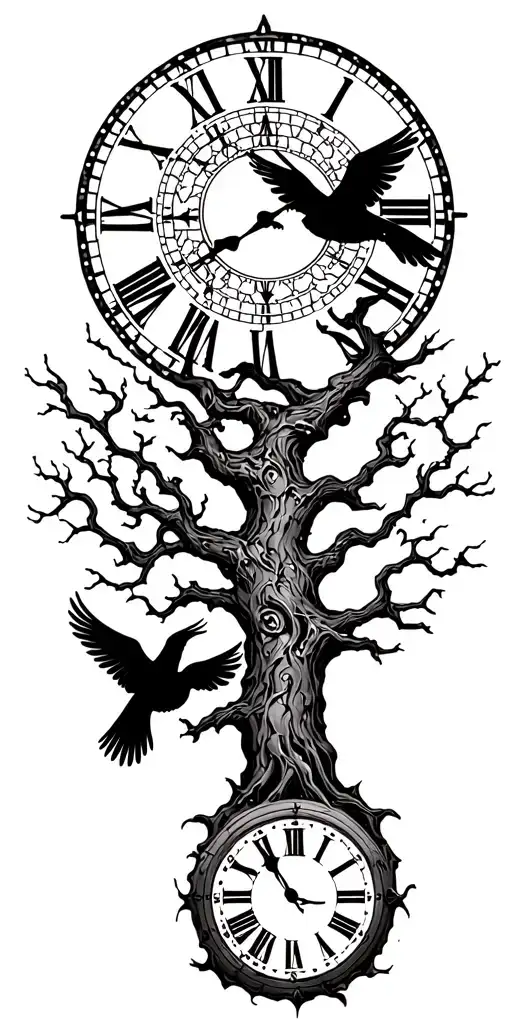 tree and clock and 3 birds flying towards the sun tattoo design idea