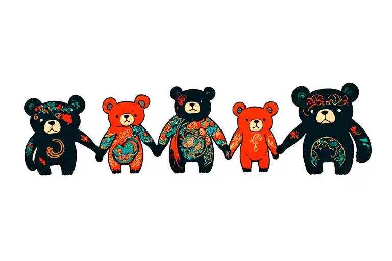  family of bears. 1. mother 2.father and two boys age 5 and 2. i want them holding hands. each person have unique color  tattoo design idea