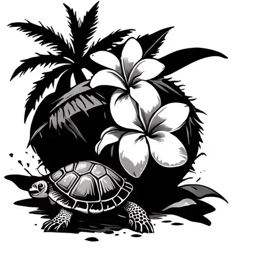 frangipani,turtle and coconut tree tattoo design idea