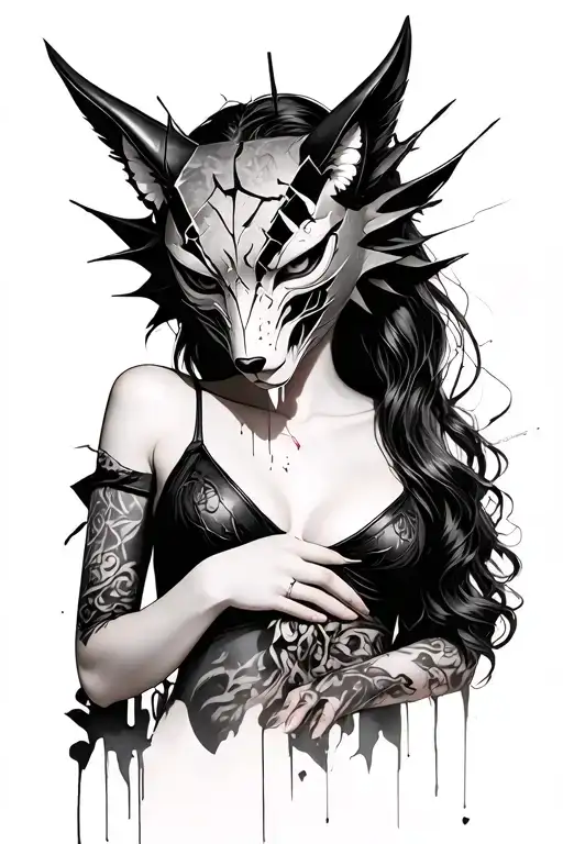 Sexy woman wearing an Oni mask, hidden behind a broken kitsune mask tattoo design idea