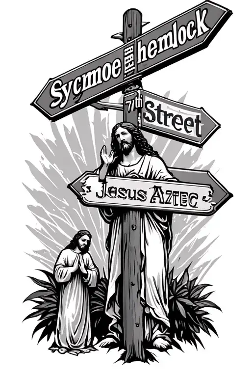 street sign with the words " sycamore" "hemlock" "7th Street" "Aztec" and Jesus praying in the background tattoo design idea