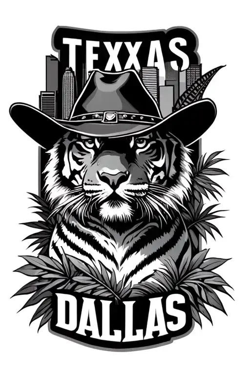 tiger and dallas skyline with jungle leaves and state of texas wearing a cowboy hat tattoo design idea