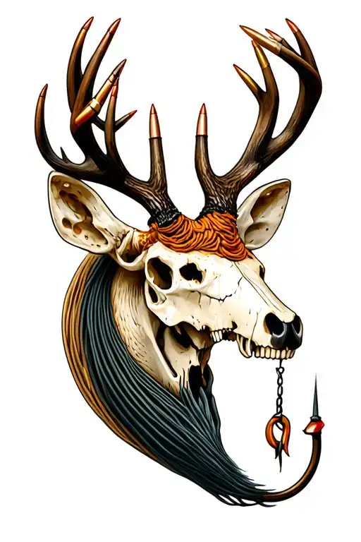 fish tail wrapped deer buck skull fishing hook and bullet tattoo design idea