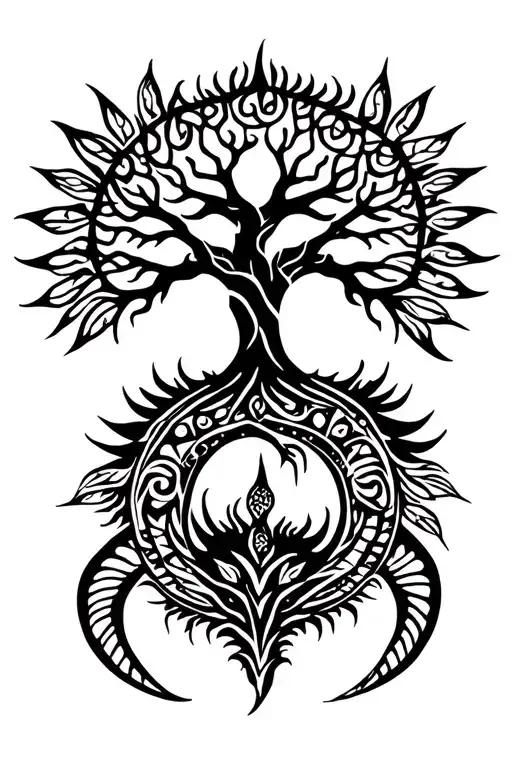 tribal design including army elements, tree of life, dna strand, goddess sun moon, dragon hawaiian island tattoo design idea