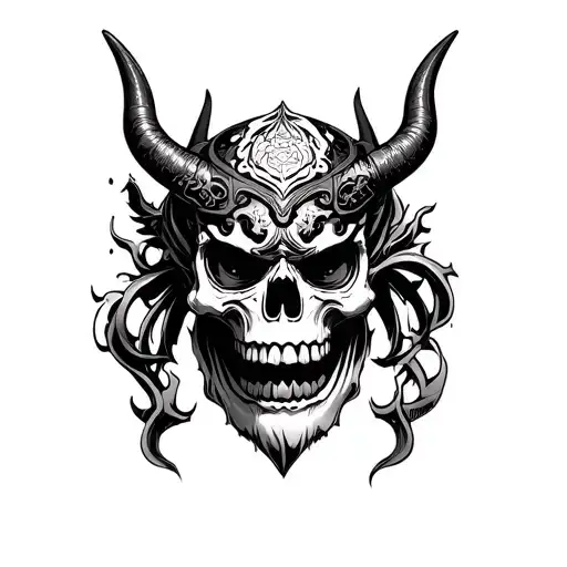 Demon skull with oni mask illustration japanese style tattoo frontal view tattoo design idea