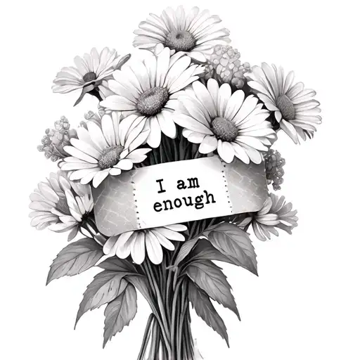 bouquet of flowers held together around the stems by a bandaid. on the bandaid it says "I am enough". black and white  tattoo design idea