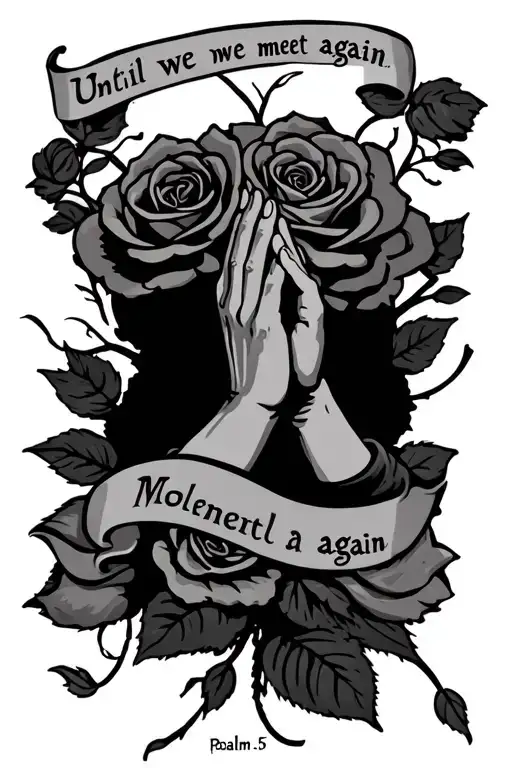 praying hands, banner "until we meet again", rosery, psalm 30:5 tattoo design idea