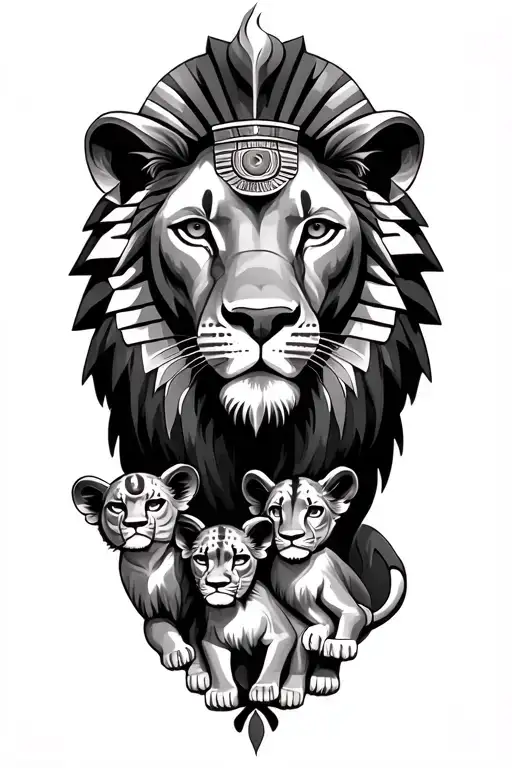 lion with cubs and the eye or ra egyptian god tattoo design idea