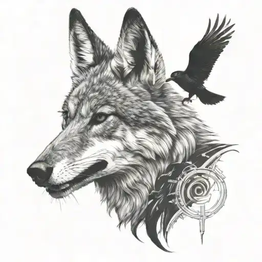 coyote with black bird and raven flying tattoo design idea