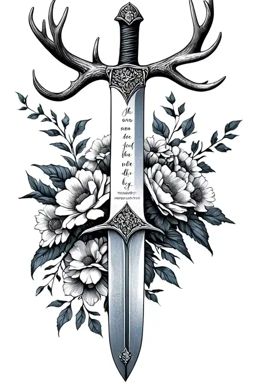 A sword with flowers wrapped around the blade and antlers across the hilt and a Bible verse on the blade tattoo design idea