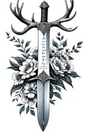A sword with flowers wrapped around the blade and antlers across the hilt and a Bible verse on the blade tattoo design idea