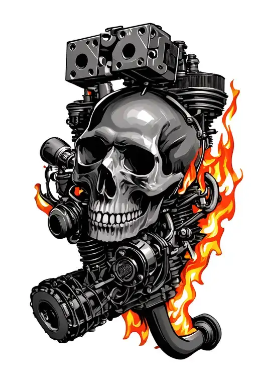 v8 engine with block coming out of burning skull tattoo design idea