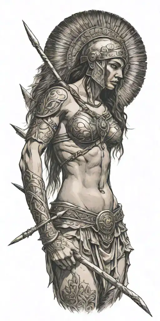 spartan woman, naked, full body, crying, holding a spear tattoo design idea