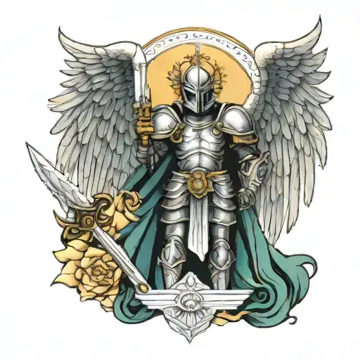 ARCHANGEL MICHAEL WITH SWORD WINGS AND ARMOR tattoo design idea