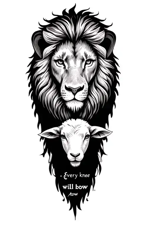 lion and lamb "every knee will bow" written below it tattoo design idea