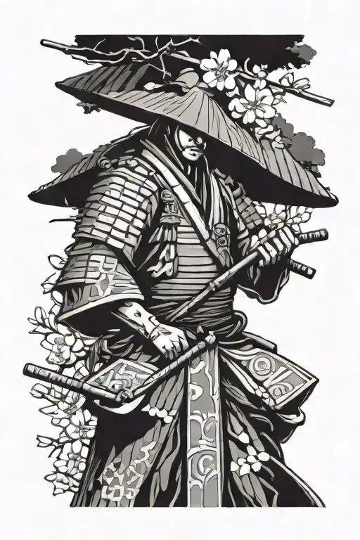 samurai leaning on a sakura tree, a big hat on head, two katanas in belt, a cigarette on mouth tattoo design idea