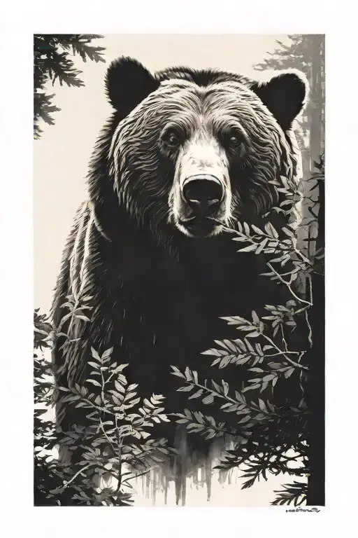bear face in the forest tattoo design idea