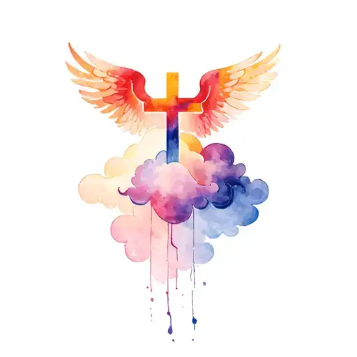 clouds with 2 crosses with wings flying tattoo design idea